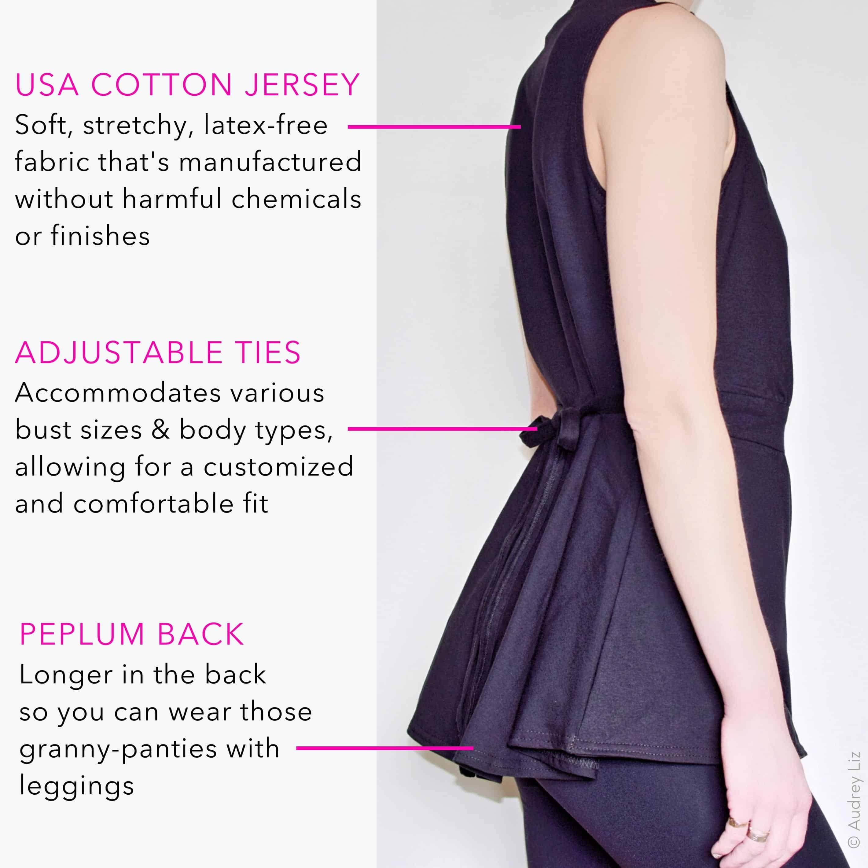 Diagram showing side view of black mastectomy shirt with a peplum back and adjustable ties.