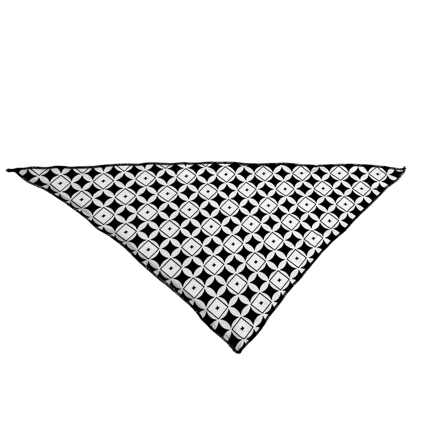 Triangular bandana printed with mod, black and white geometric pattern