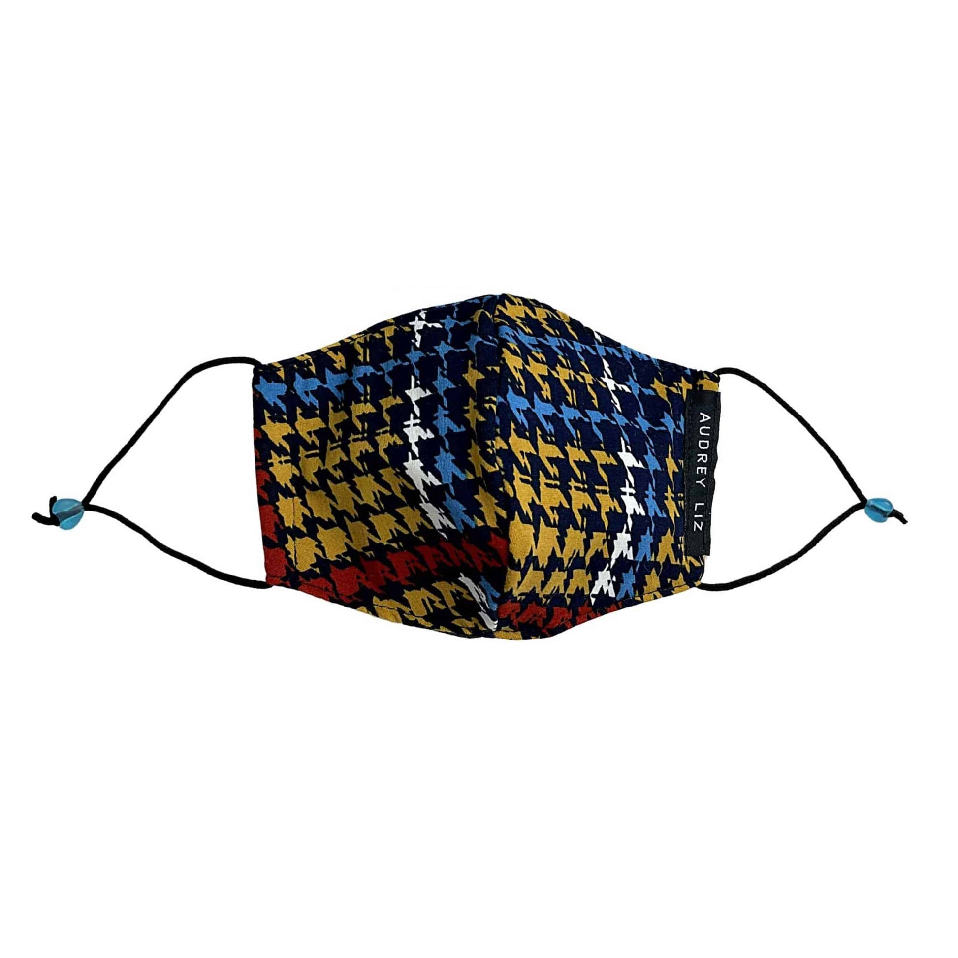 Two-layer face mask in a red, blue, and deep yellow houndstooth print.
