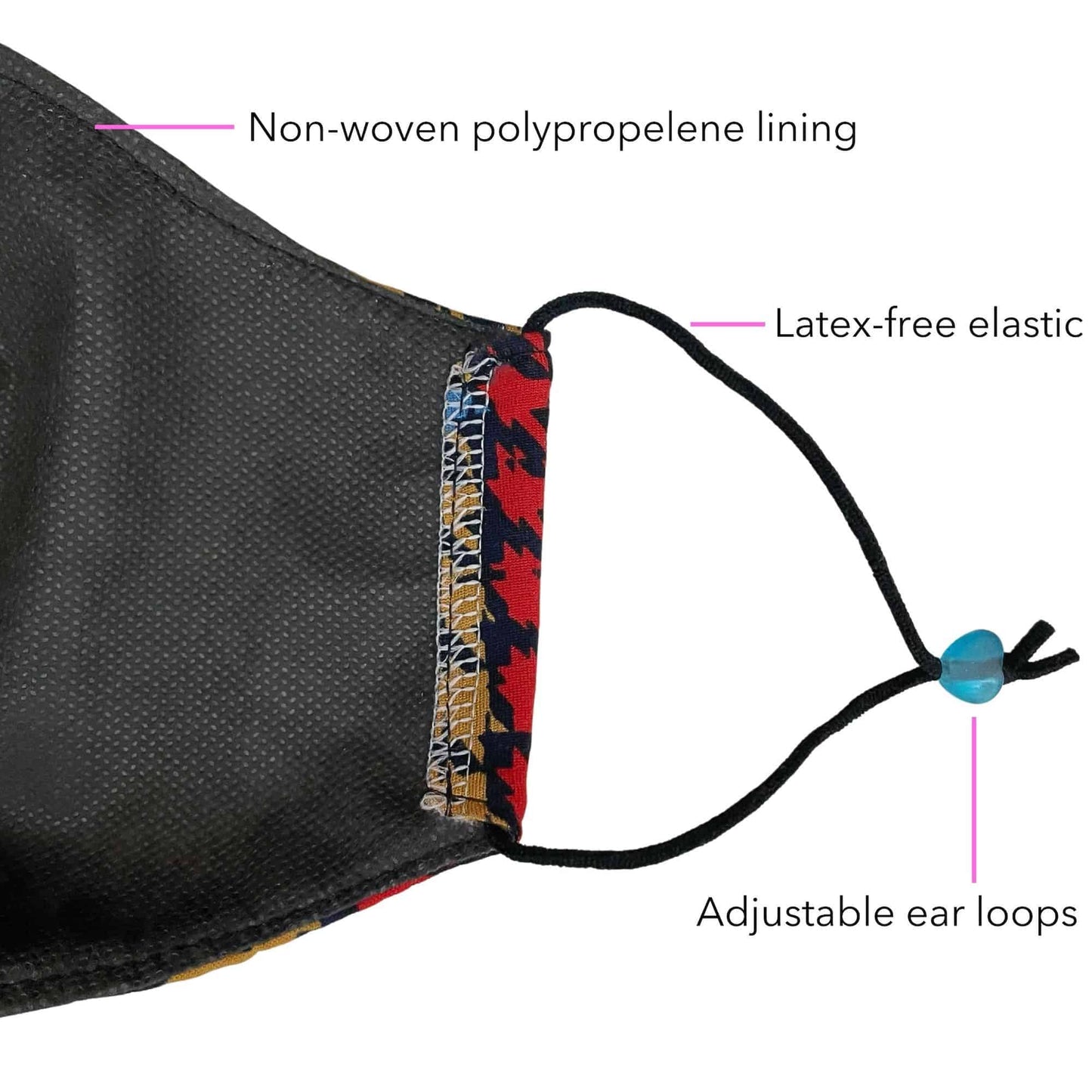 Interior of women’s cloth face mask, displaying the non-woven polypropylene lining and latex-free ear loops.