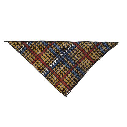 Triangle bandana made of stretchy knit polyester, printed with a mustard and red houndstooth pattern.