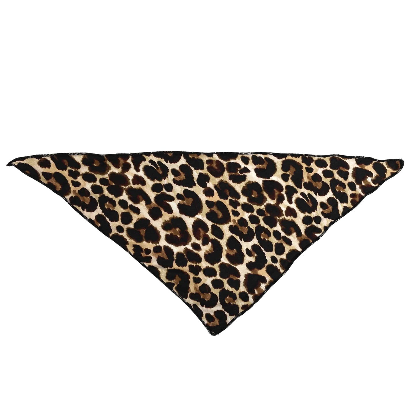Triangle bandana made of stretchy knit polyester, printed with taupe leopard pattern.