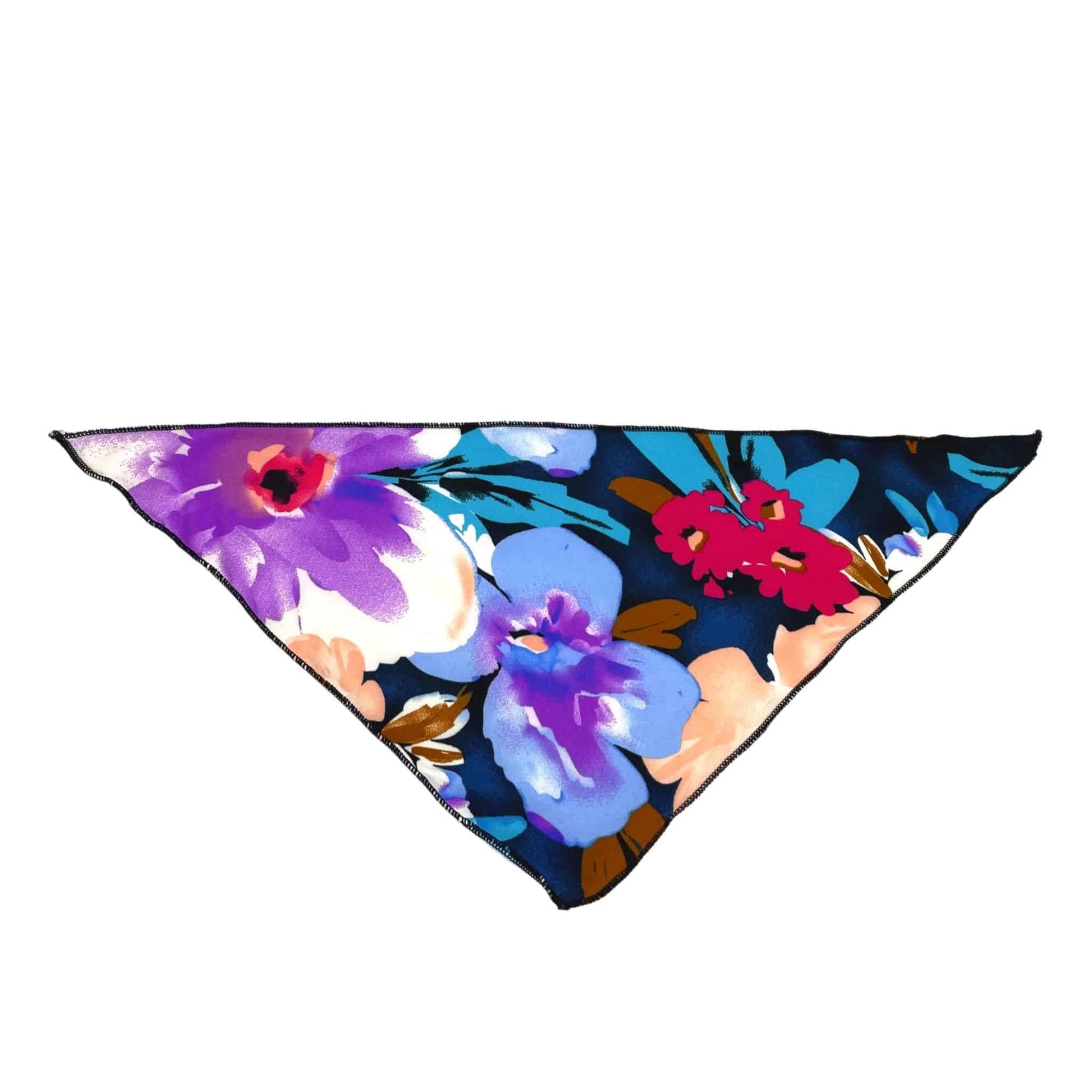 Triangle bandana made of stretchy knit polyester, printed with tropical navy floral pattern.