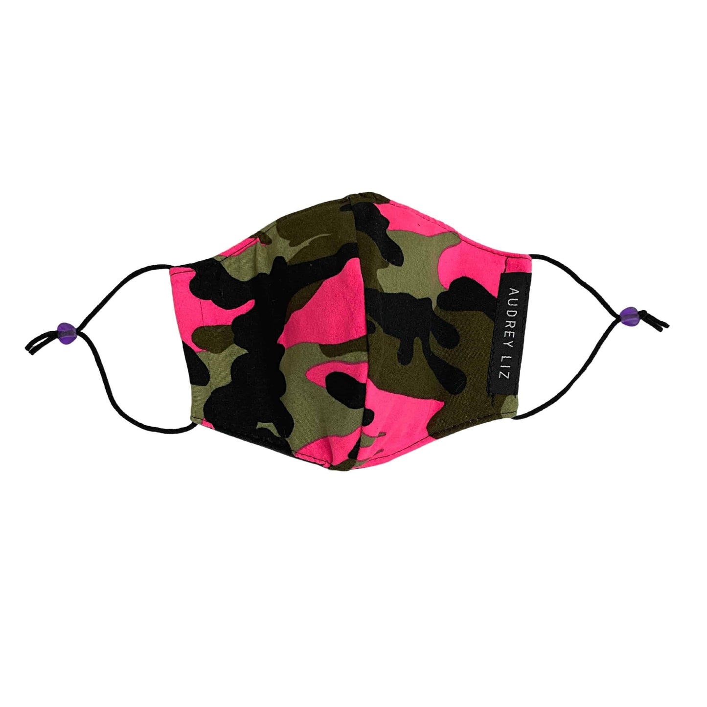 Non-medical fabric face mask in a camouflage print with neon pink accents.