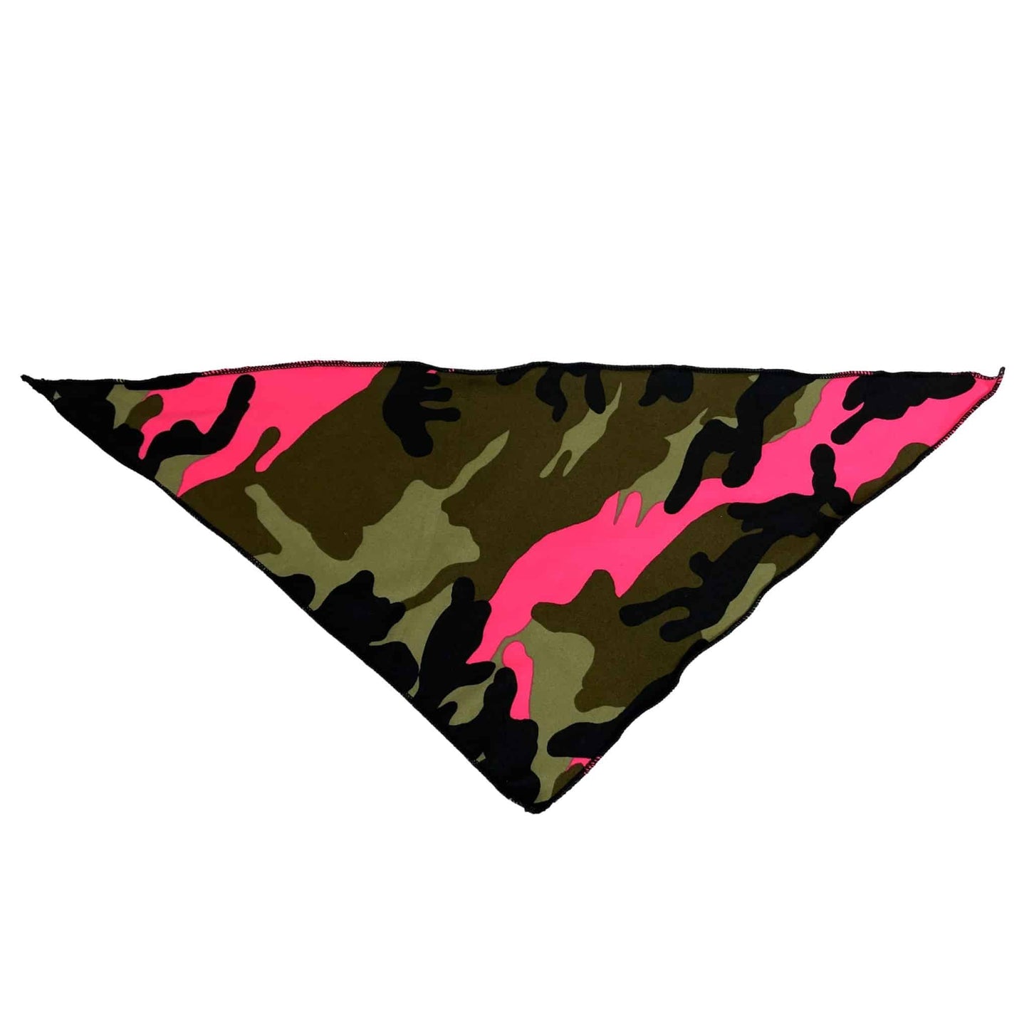Triangle bandana made of stretchy knit polyester, printed with green and neon pink camo pattern.