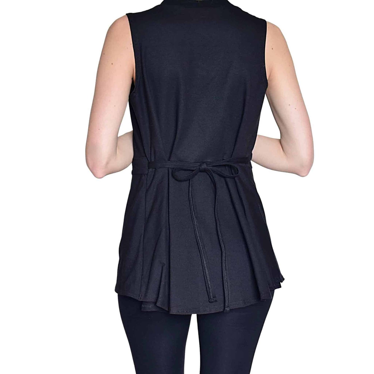 Back view of a black recovery cami with customizable ties at sides.